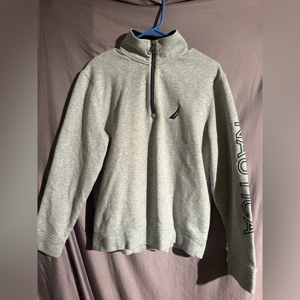 Nautica Quarter Zip Sweatshirt Gray Logo Sleeve Pullover Size Small